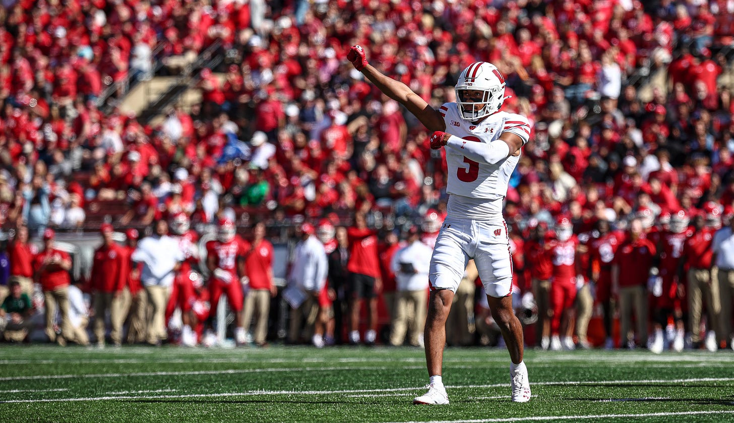 Wisconsin Badgers cornerback Nyzier Fourqurean (3) celebrates after a defense stop 