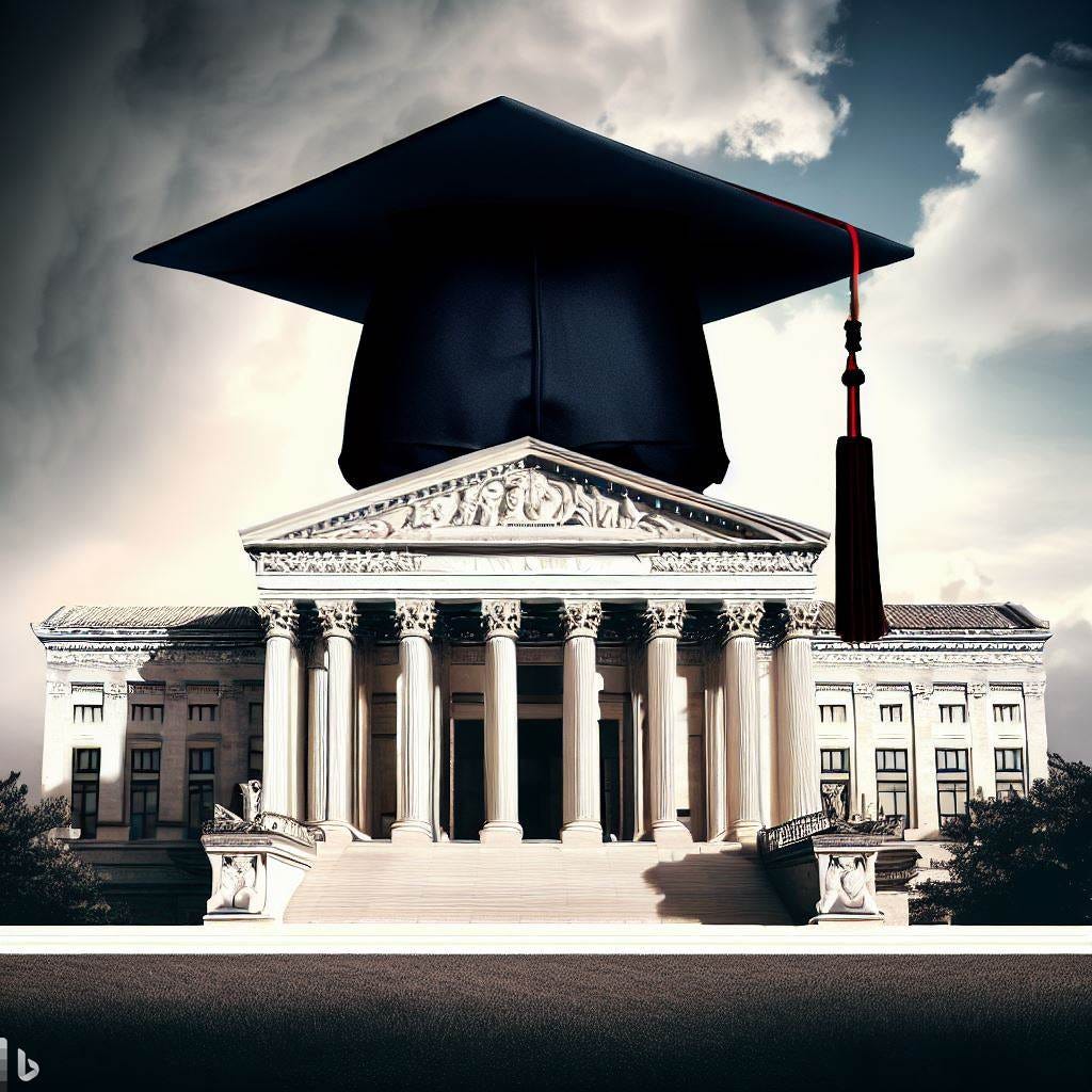 a photorealistic picture of the supreme court building wearing a college graduation cap