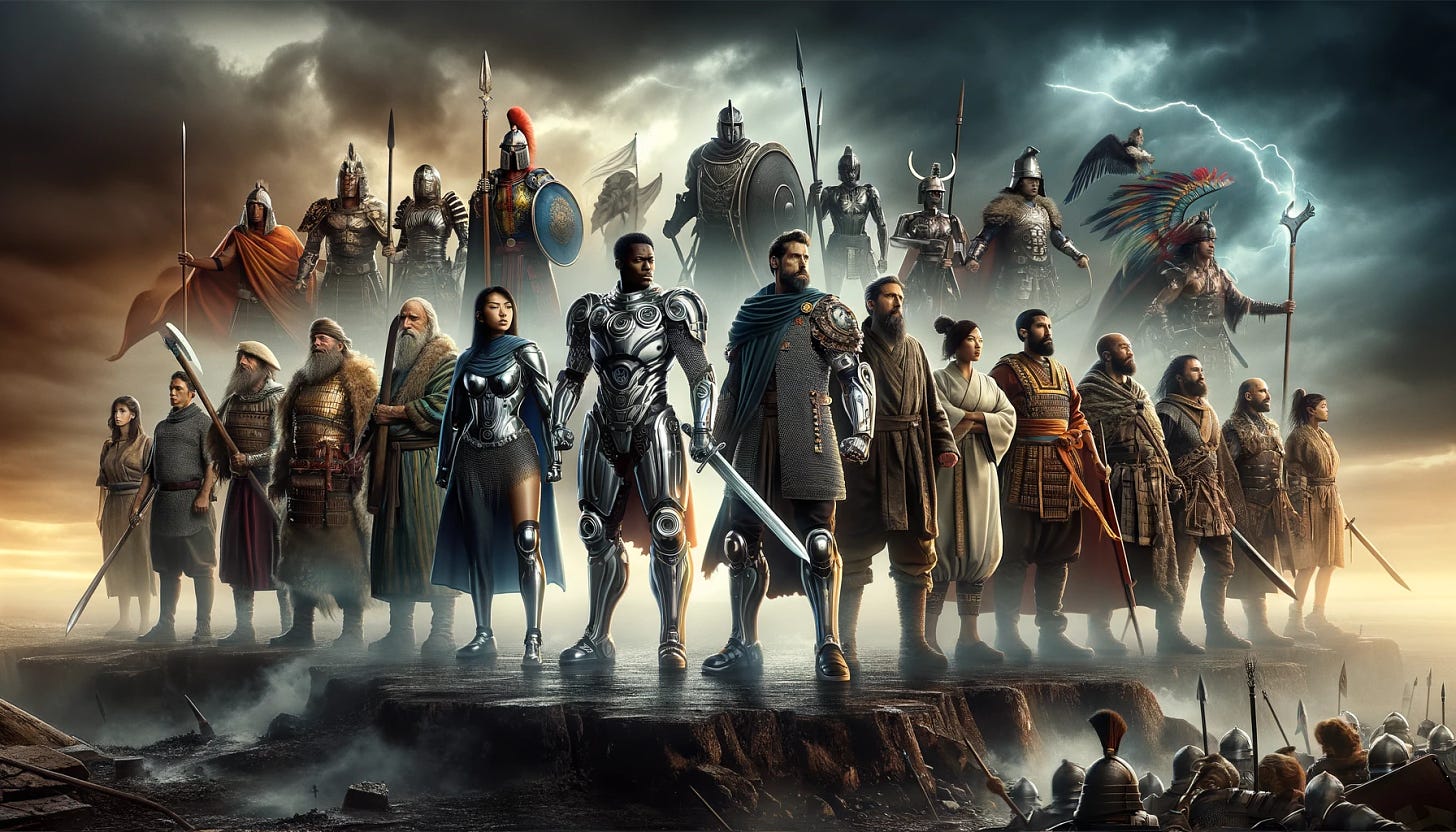 An epic, dramatic scene depicting the 'fight of our lives.' The image shows a diverse group of warriors, representing different cultures and time periods, standing together on a battlefield. In the foreground, a medieval knight in shining armor stands beside a futuristic soldier in high-tech gear. Behind them, a samurai warrior, an ancient Greek hoplite, and a Viking warrior stand ready for battle. The background is a tumultuous sky, with dark storm clouds and flashes of lightning, adding to the dramatic atmosphere. The warriors are diverse in gender and ethnicity, showcasing unity and strength in diversity.