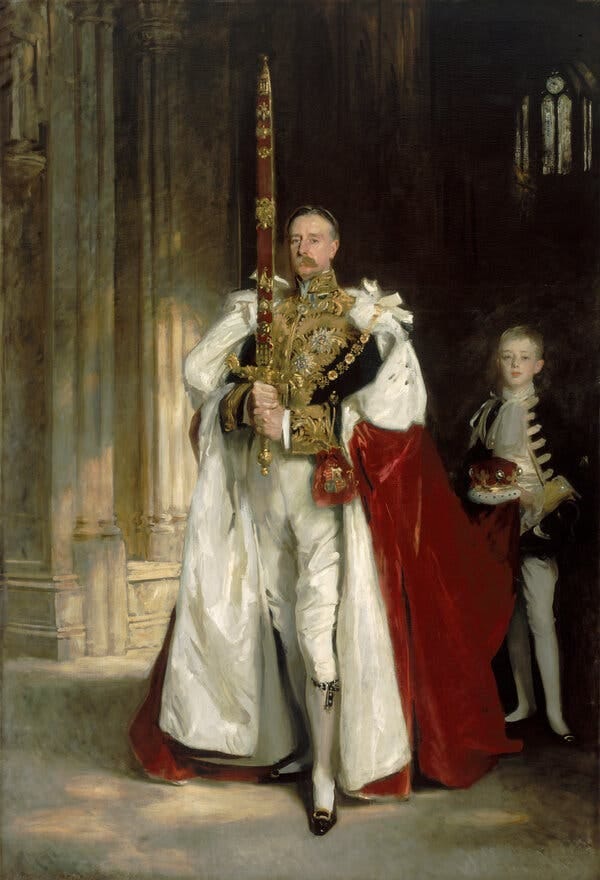 Charles Stewart, Sixth Marquess of Londonderry, Carrying the Great Sword of State at the Coronation of King Edward VII, August, 1902, and Mr. W. C. Beaumont, His Page on That Occasion (1904). All is a gleam as the Marquess is posed showing his magnificent (and loyal) ceremonial jewelled garter, and all the heavy gold braiding of his jacket.