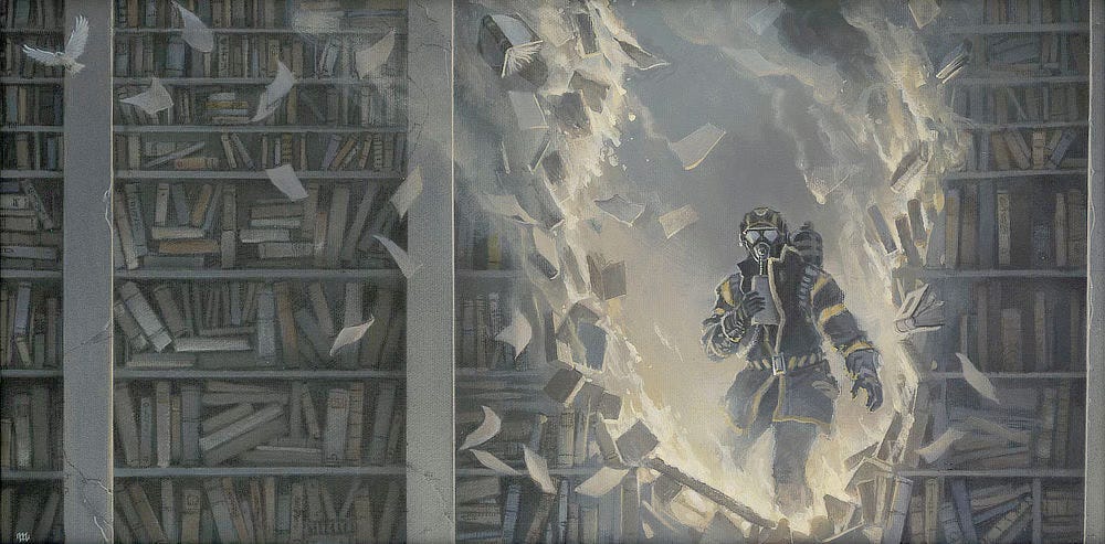 Preliminary concept for Ray Bradbury’s Fahrenheit 451 featuring a view through a burning bookcase. A fireman in traditional jacket and mask stand on the other side of the gap in the fiery stacks.