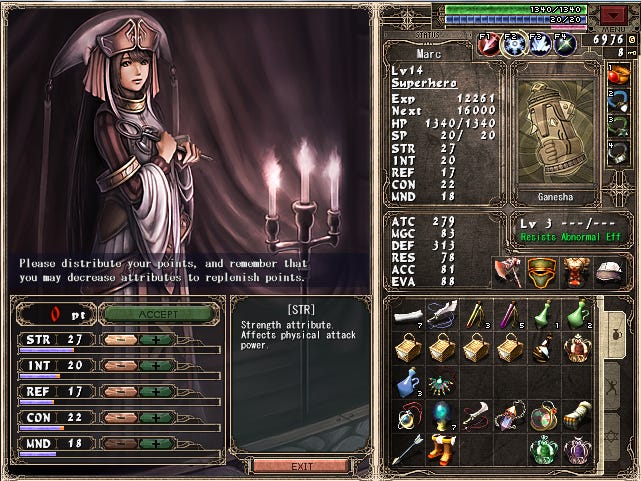 A screenshot from Xanadu Next showing the screen in which you can distribute bonus points to various categories (strength, intelligence, reflexes, constitution, and mind). On the right, your stats as they are at the moment, with your inventory below that.