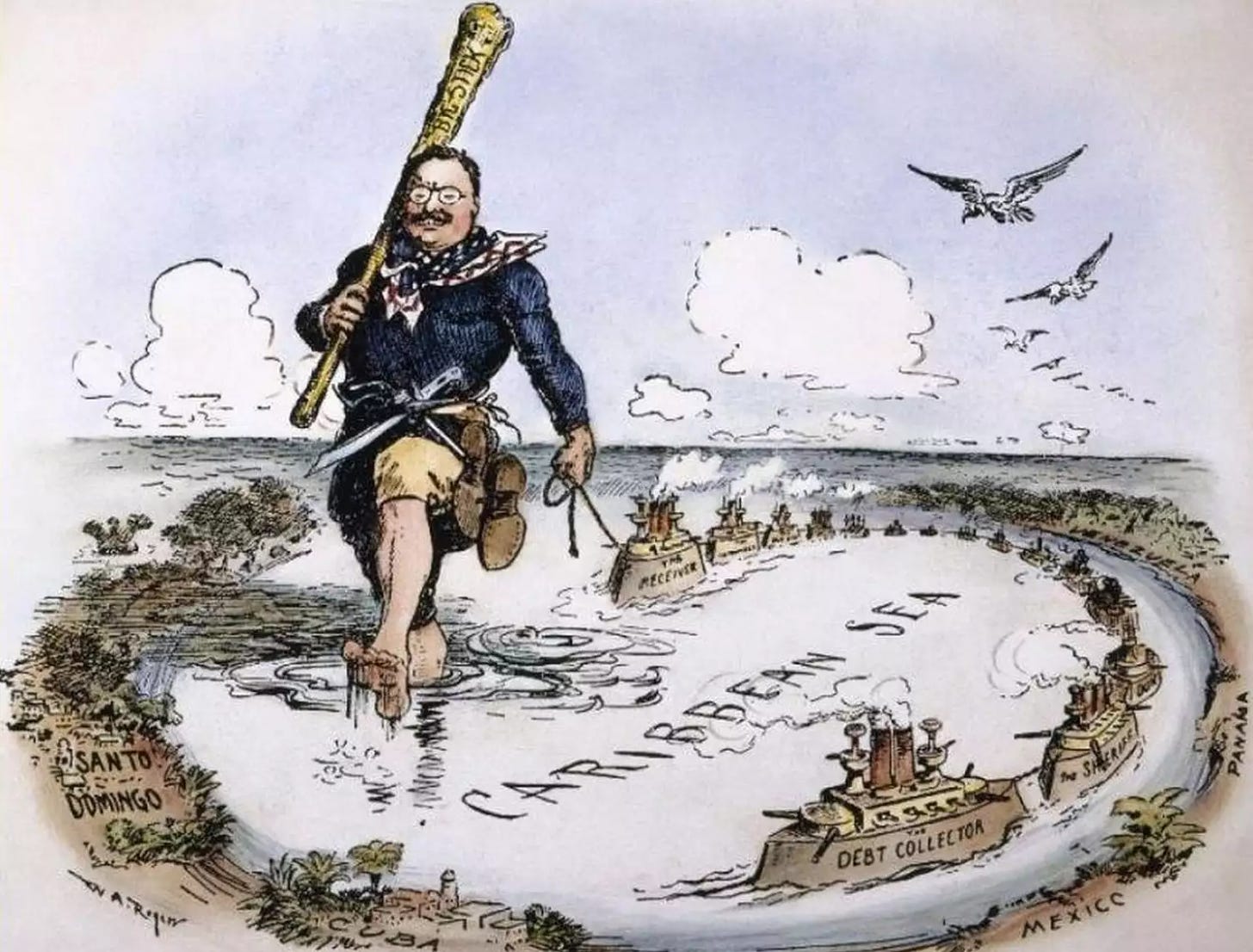 Newspaper cartoon of President Theodore Roosevelt towing US warships across the Caribbean Sea as an illustration of his gunboat diplomacy.