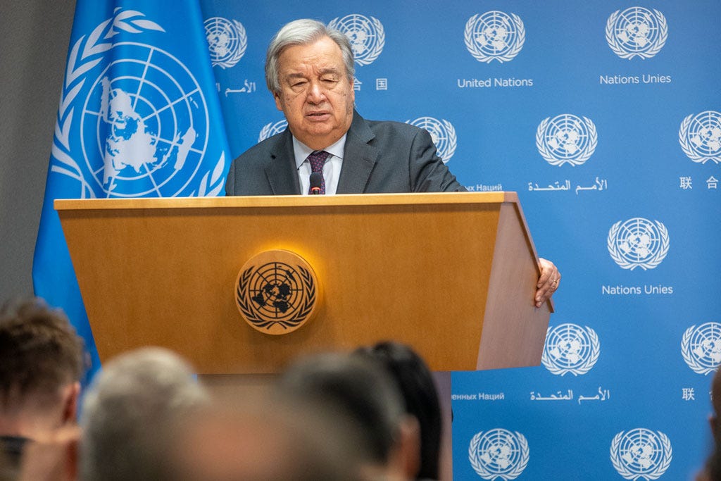 Secretary-General António Guterres (at podium) briefs reporters on recent developments in Israel and the Occupied Palestinian Territory. UN Photo/Paulo Filgueiras