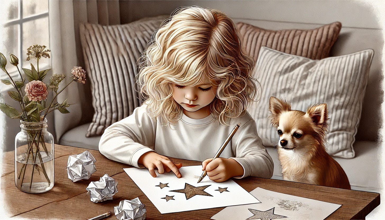 A polished, professional illustration of a young girl with wavy blonde hair, about five years old, drawing five-pointed stars on paper at a small table. Her face is not fully visible as she focuses on her drawing. Crumpled papers with star attempts are scattered around her, and a neat stack of blank paper is nearby. Beside her sits a small blonde chihuahua on soft pillows, watching calmly. The scene is cozy and softly lit, with a warm, inviting atmosphere.