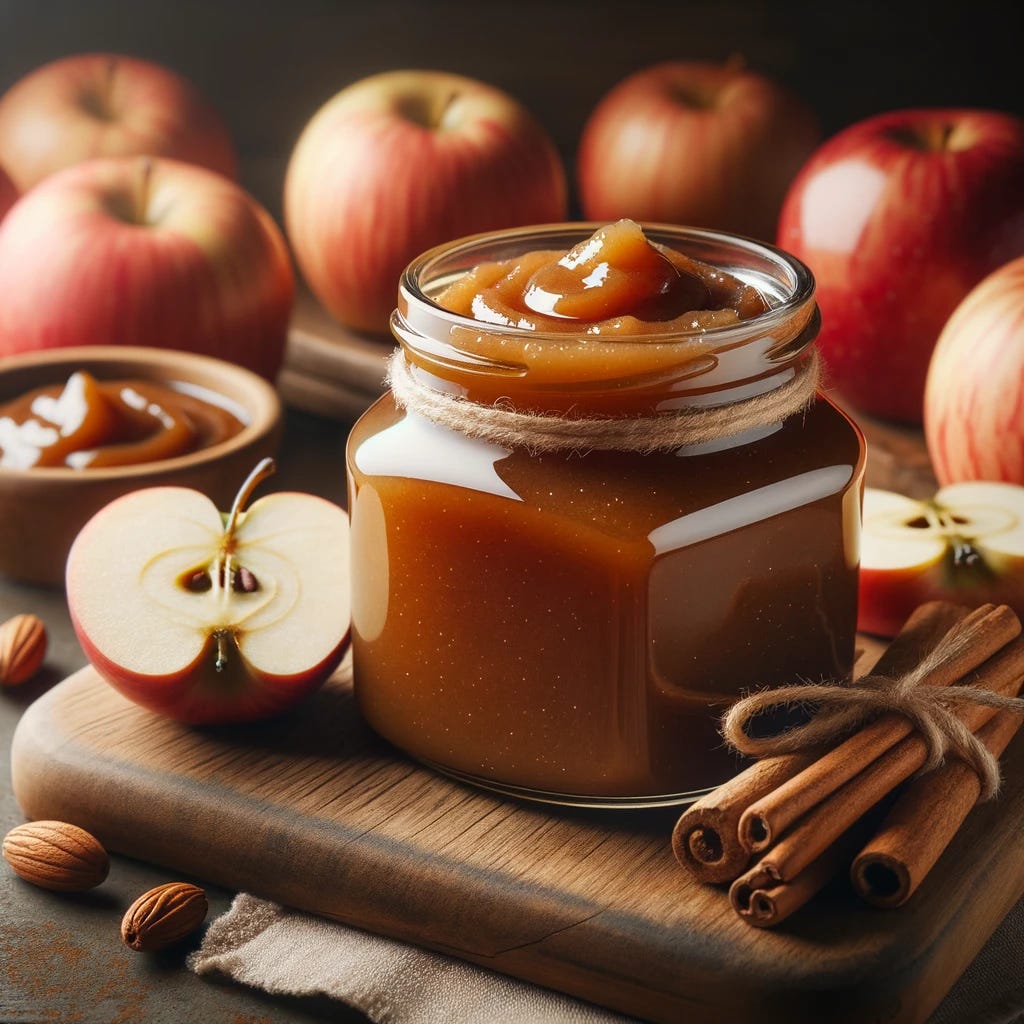 photo of a glass jar filled with rich, smooth cider-infused apple butter, with a few ambrosia apples and cinnamon sticks placed beside it on a wooden board.