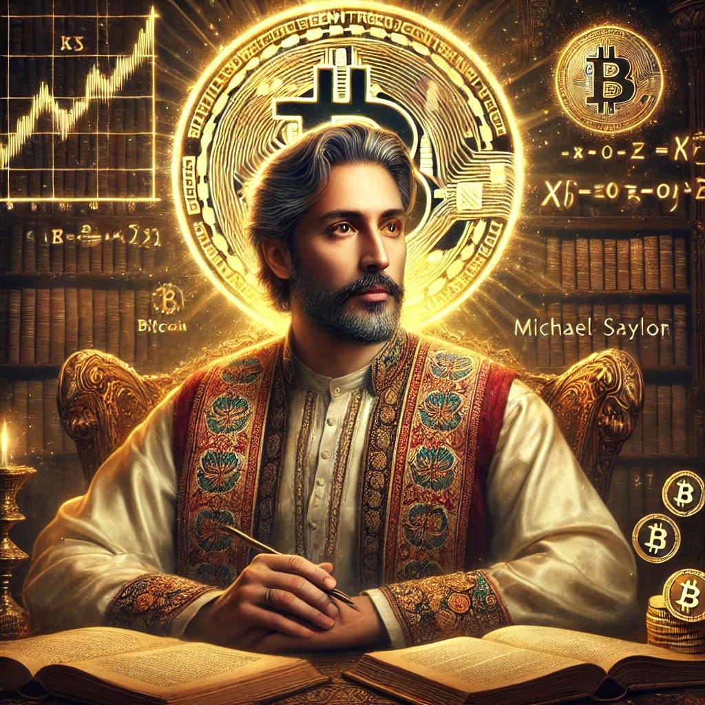 Michael Saylor depicted as an Indian mathematician and the visionary inventor of Bitcoin. He is wearing elegant, traditional Indian attire, like a finely embroidered kurta and a luxurious shawl, exuding an air of wisdom and intellect. He sits in a dignified, scholarly pose, surrounded by glowing mathematical symbols, charts, and prominent Bitcoin logos floating in the air. The background features an ornate ancient library with shelves of scrolls and leather-bound books. A large, radiant Bitcoin symbol hovers prominently behind him, symbolizing his mastery of the concept. His facial features are sharp, refined, and clearly recognizable as Michael Saylor, with a thoughtful, commanding expression.