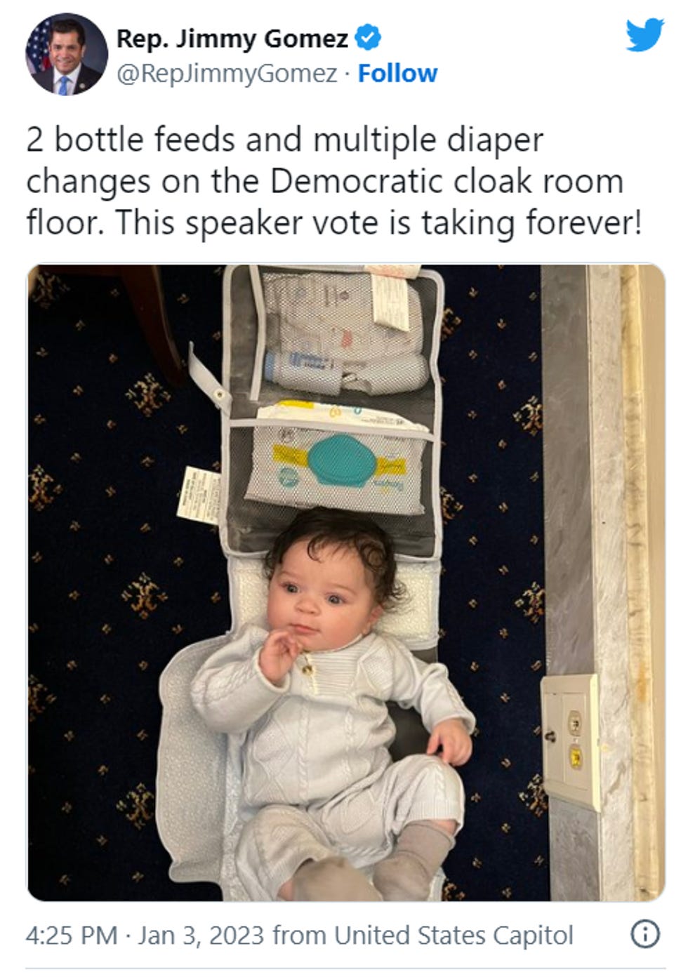 Jimmy Gomez tweet: Two bottle feeds and multiple changes on the Democratic cloak room floor. This speaker vote is taking forever! 