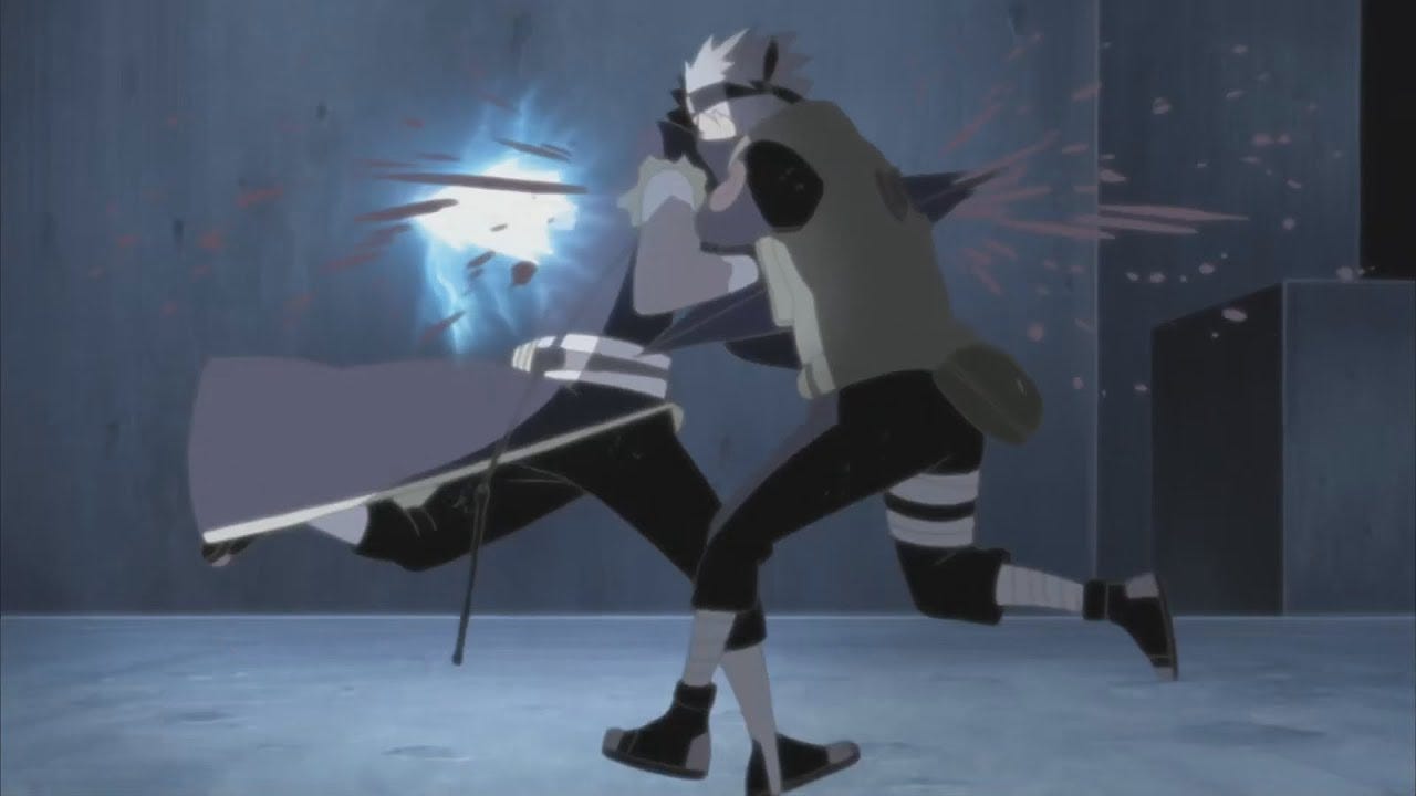 Kakashi and Obito stab each other (Naruto Shippuden, 2007)