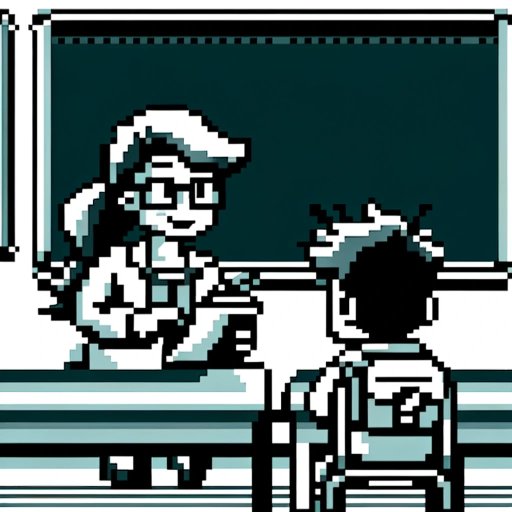 A cartoon image in the style of a Pokemon Gameboy game, featuring a teacher interviewing a student verbally as a form of assessment. The scene is in a classroom with a blackboard in the background. The teacher, an adult wearing glasses and holding a notepad, is asking questions. The student, a young child with a backpack, is eagerly answering. The image is pixelated to mimic the limited color palette and resolution of a classic Gameboy game.