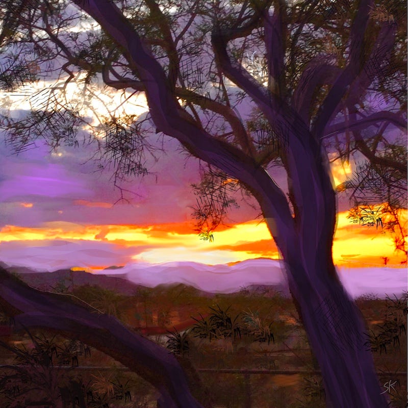 Photo by Sherry Killam Arts of tree branches against gold purple sunset and mountains.