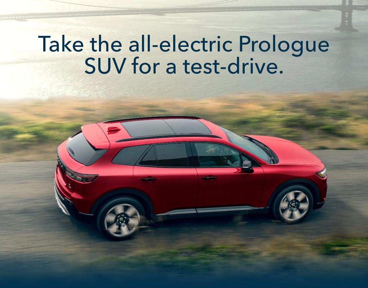 A red SUV under the headline "Take the all-electric Prologue SUV for a test-drive."