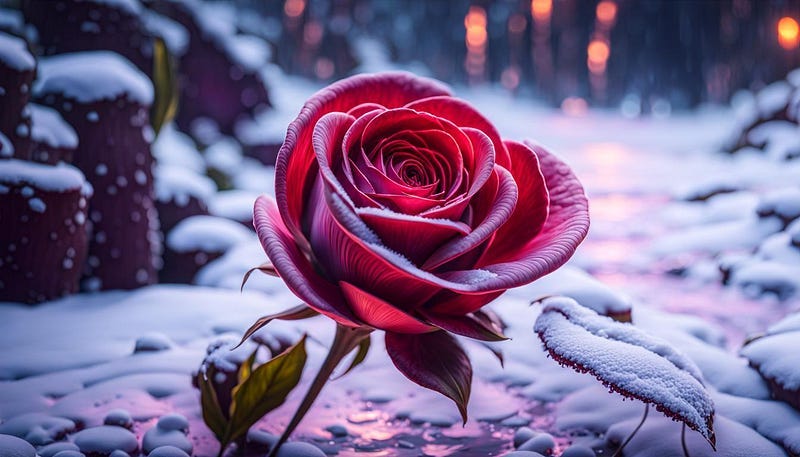 A single red rose in snow