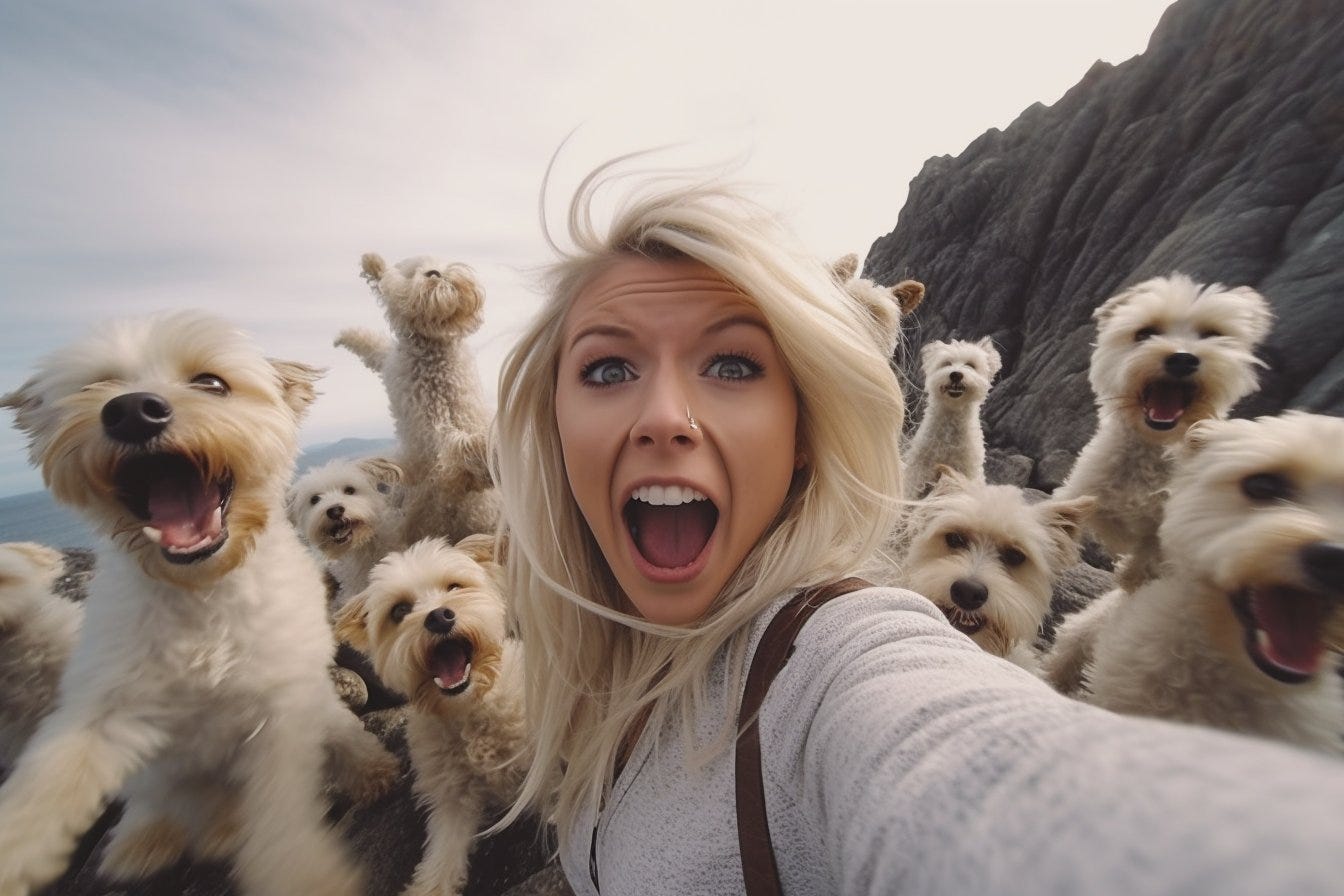 A hyper - realistic GoPro selfie of a horrified glamorous Influencer with rabid maltipoos attacking her. Extreme environment. --ar 3:2 --s 250 --q 2 --v 5.1 --style raw 