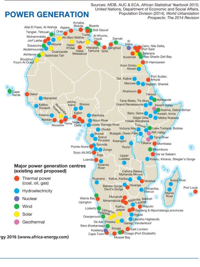 Map of Africa showing different types of power generation across the continent