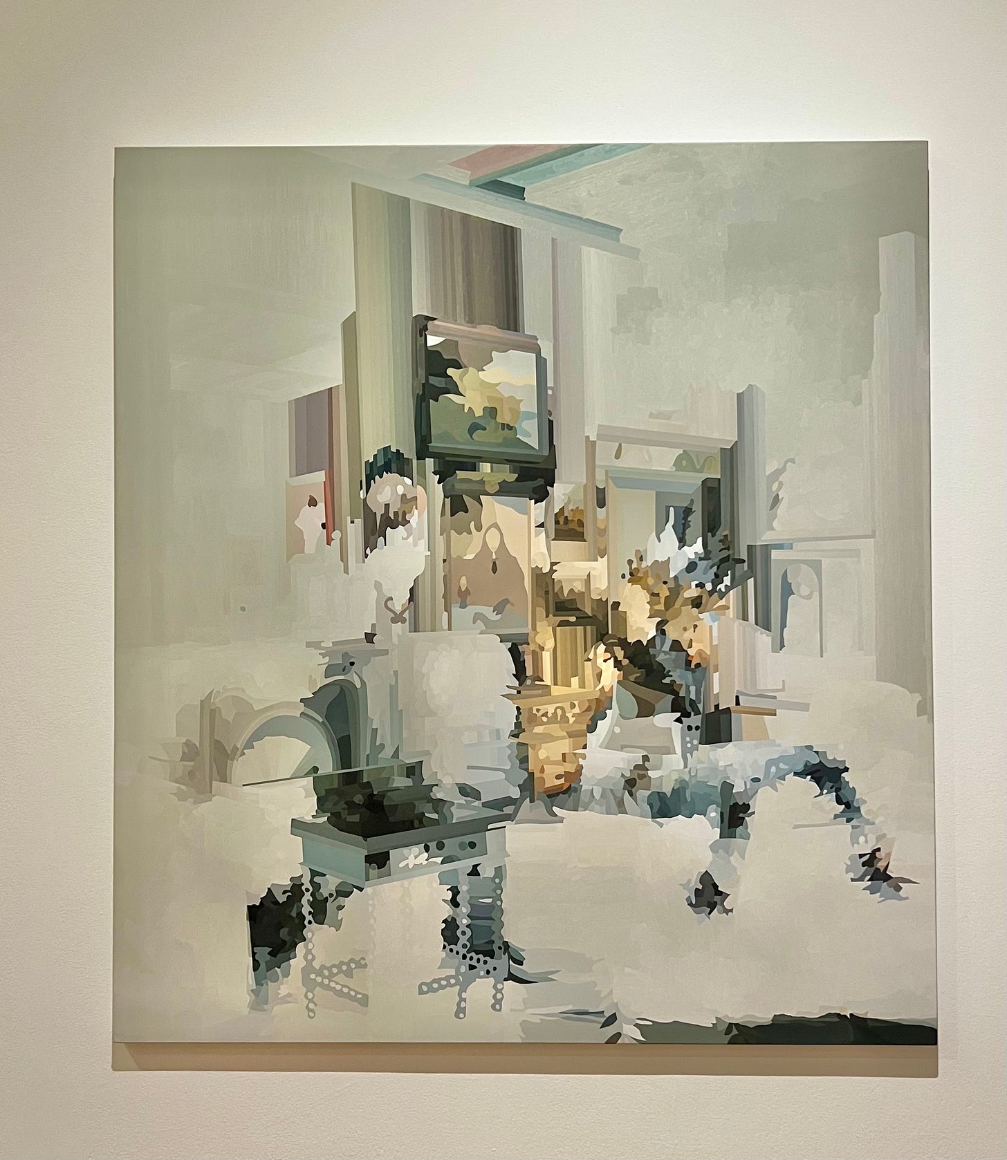 Color photo of a large painting in white, grey and yellow palette showing overlaid images of a woman on a horse and an interior space in abstracted patterns