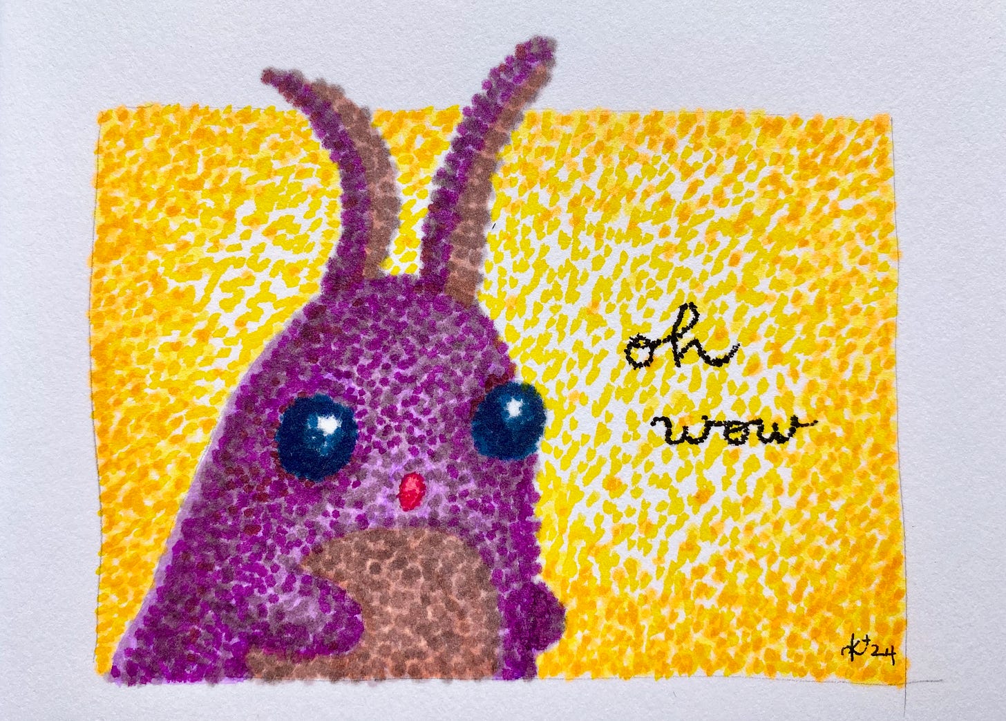 Hand-drawn pointillist marker cartoon of a rich purple velvet worm, its mouth open in a perfect 0. Handwritten text beside it reads “oh wow”