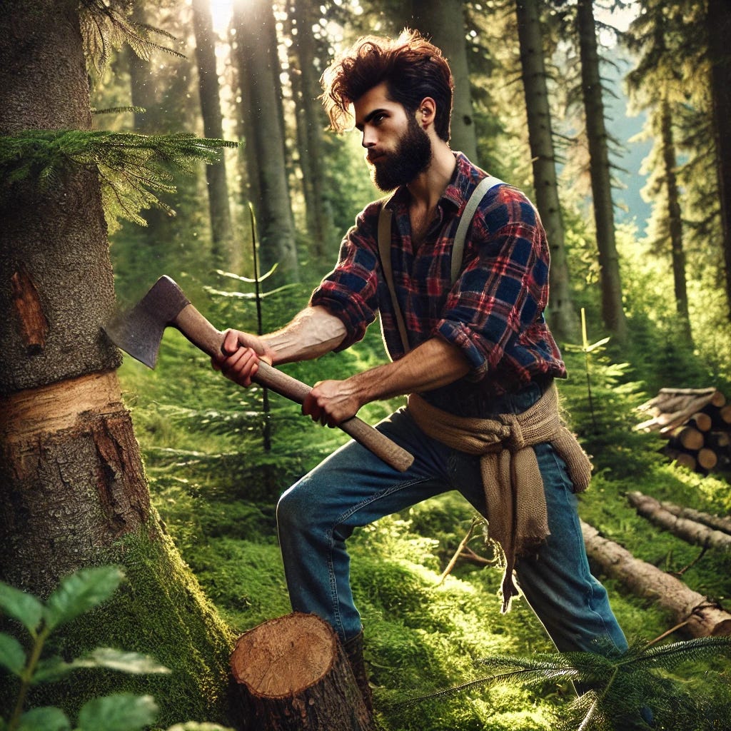A lumberjack in traditional attire, including a flannel shirt and jeans, is in a dense forest, cutting down a tree with an axe. The forest is lush with greenery, and the sunlight filters through the leaves. The lumberjack has a determined expression as they swing the axe, with other trees and forest vegetation visible around. The scene captures the essence of traditional forestry work in a natural environment.