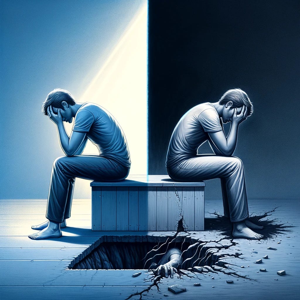 A powerful visual metaphor illustrating the concept of genuine remorse versus opportunistic regret. The image depicts two contrasting scenes side by side. On one side, a person is shown alone in a contemplative pose, symbolizing genuine remorse felt in solitude and without the pressure of being caught. Their expression is one of genuine sadness and reflection. On the other side, the same person is depicted in a moment of being confronted, suddenly adopting a remorseful posture, representing opportunistic regret that surfaces only upon discovery. This visual dichotomy highlights the difference between remorse that is felt internally and remorse that is performed as a reaction to being exposed, emphasizing the importance of sincerity and accountability in personal growth and relationships.