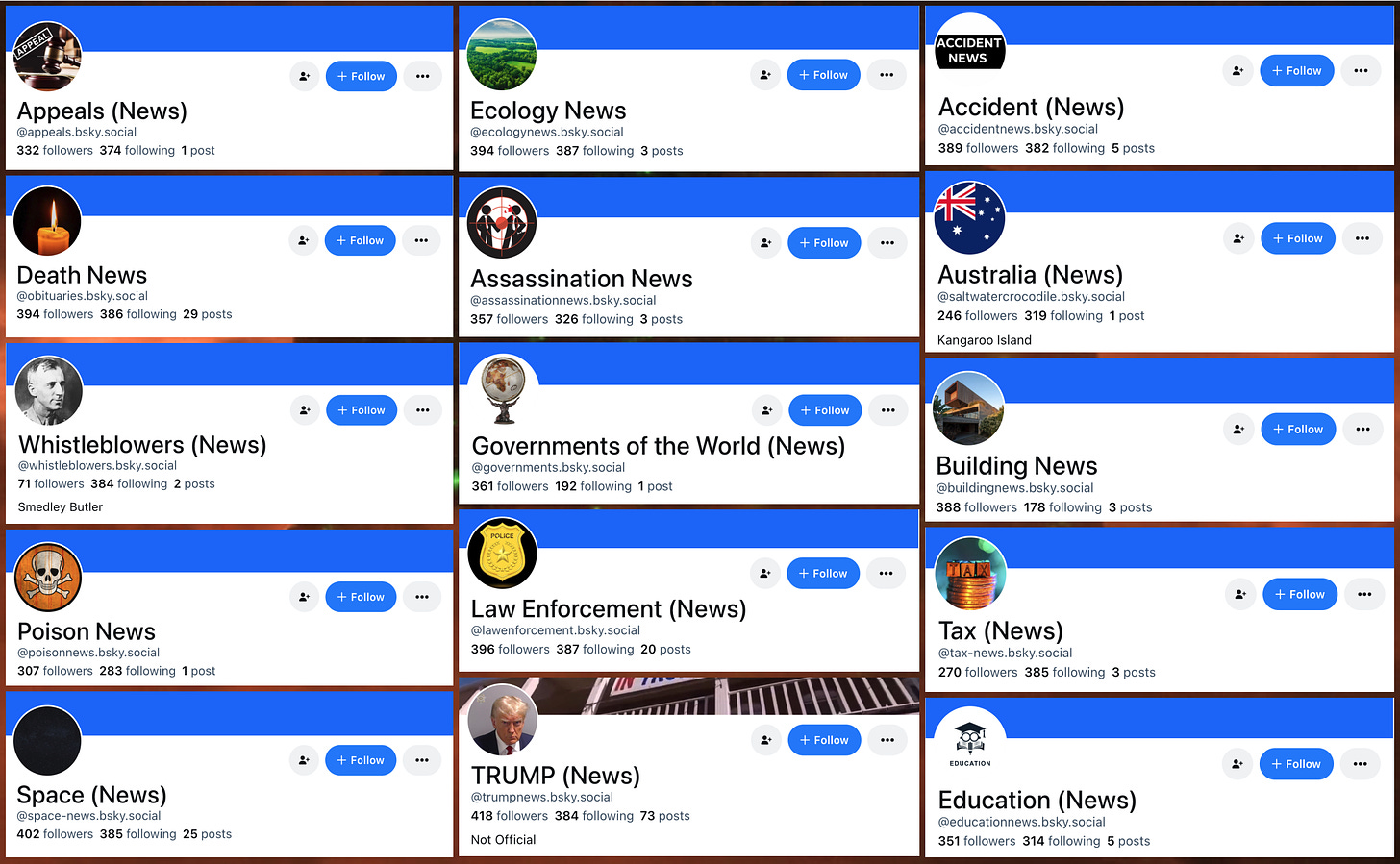 collage of the profiles of 15 of the spam accounts