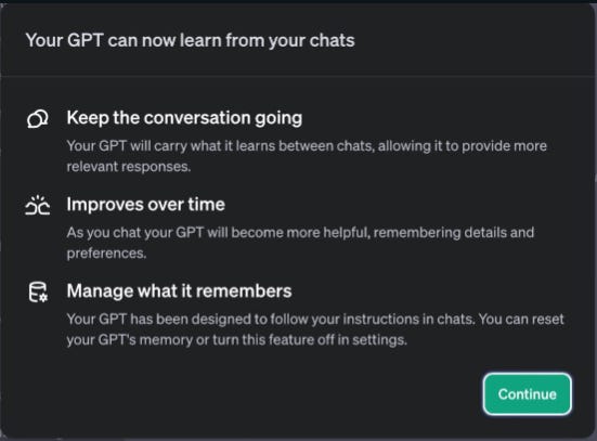 "Your GPT can now learn from your chats" pop-up inside ChatGPT