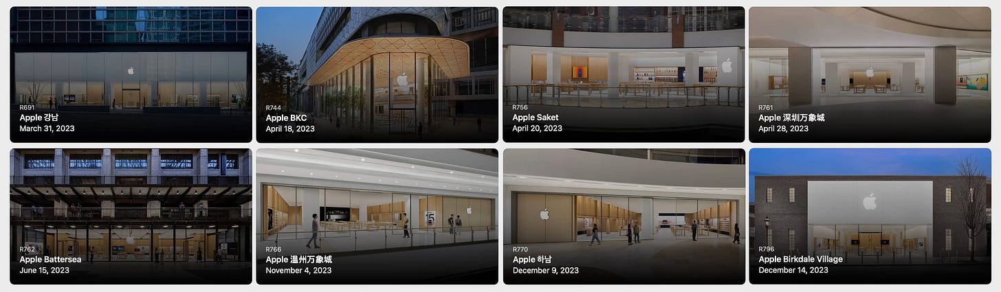 A grid of photo thumbnails representing all 8 new Apple Store locations opened in 2023.