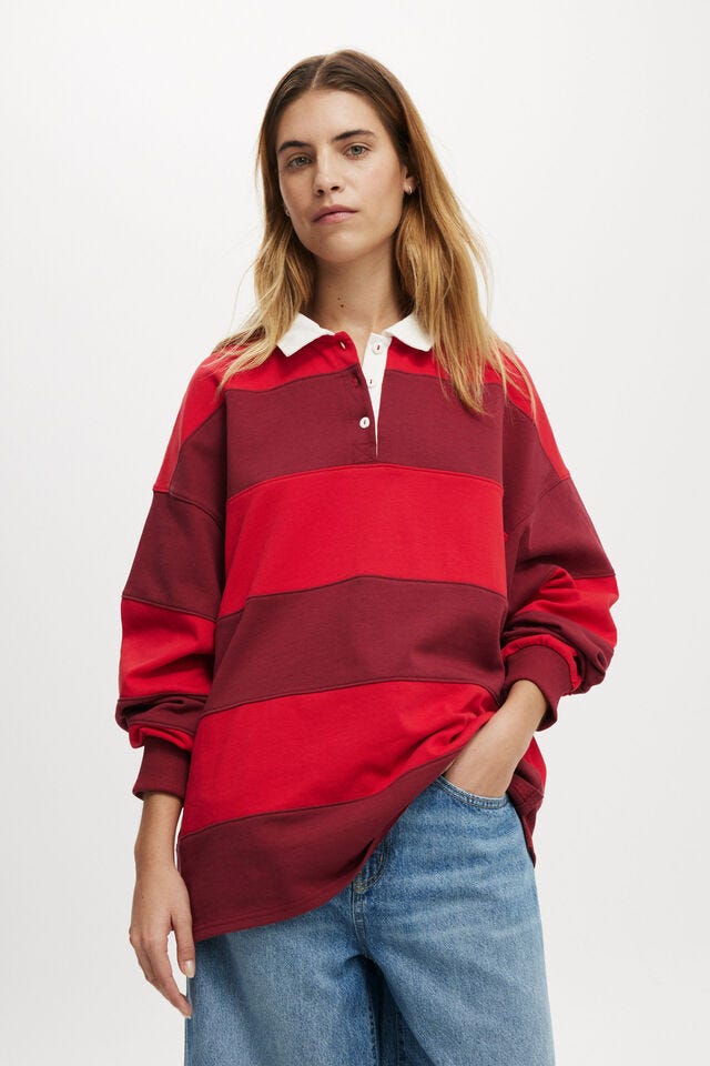 Oversized Long Sleeve Polo, CHERRY ROUGE STRIPE