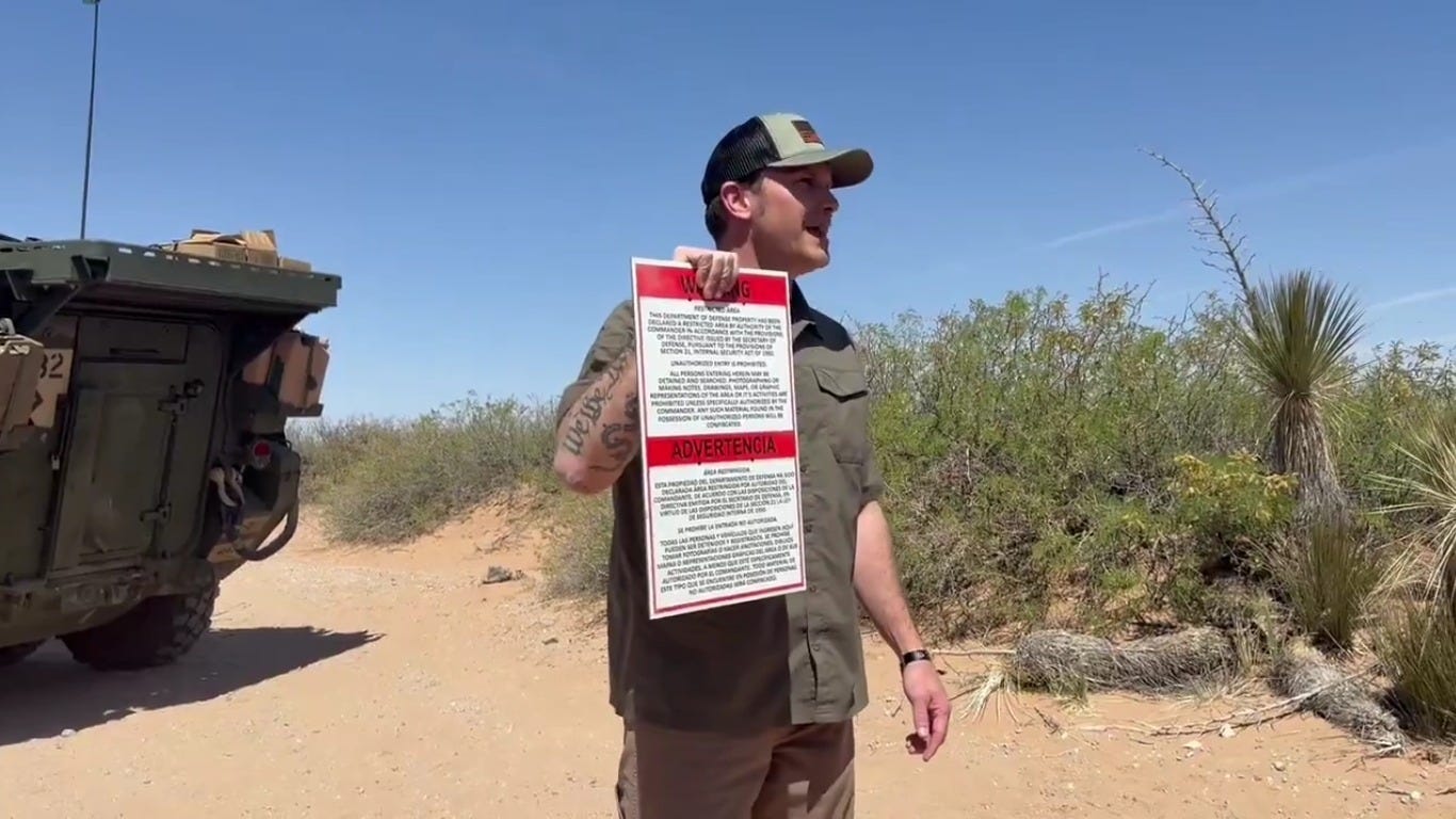US Defense Secretary Pete Hegseth shows reporters warning signs installed in newly designated military zone in New Mexico along the border. US Defense Secretary Pete Hegseth shows reporters warning signs installed in newly designated military zone in New Mexico along the border.