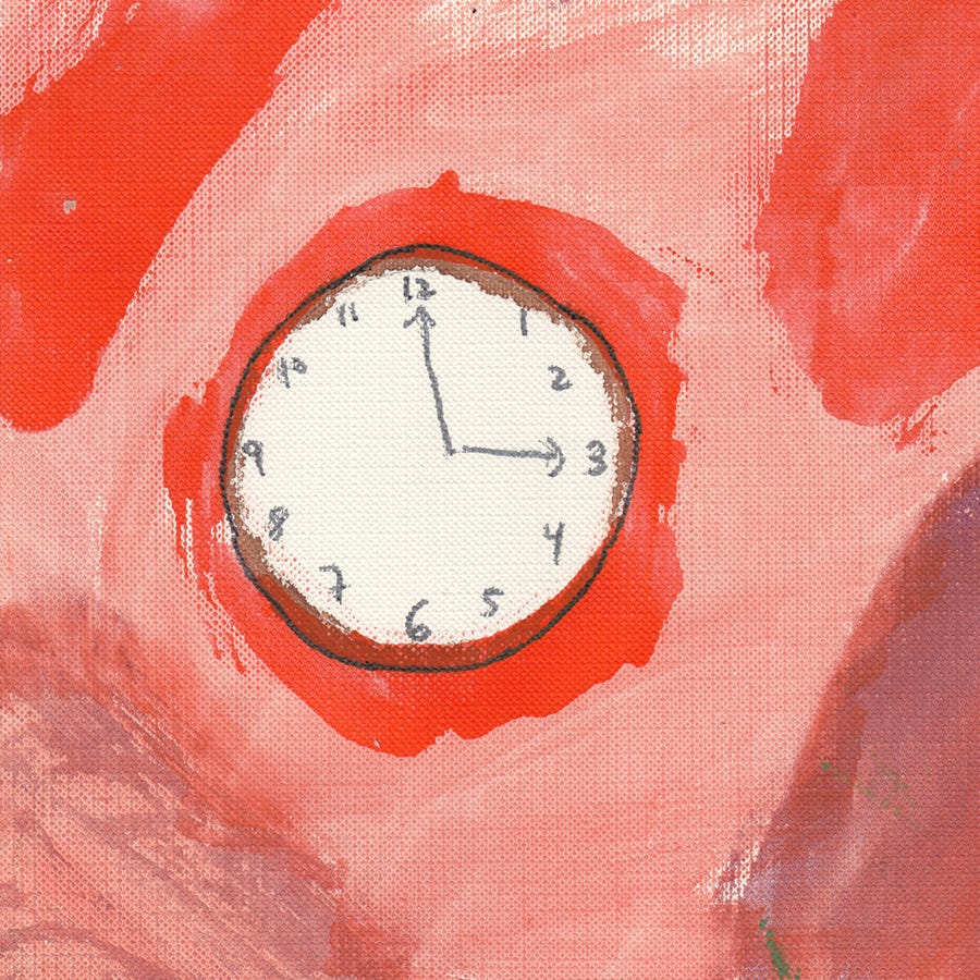 painting of a clock, surrounded by orange blobs of paint