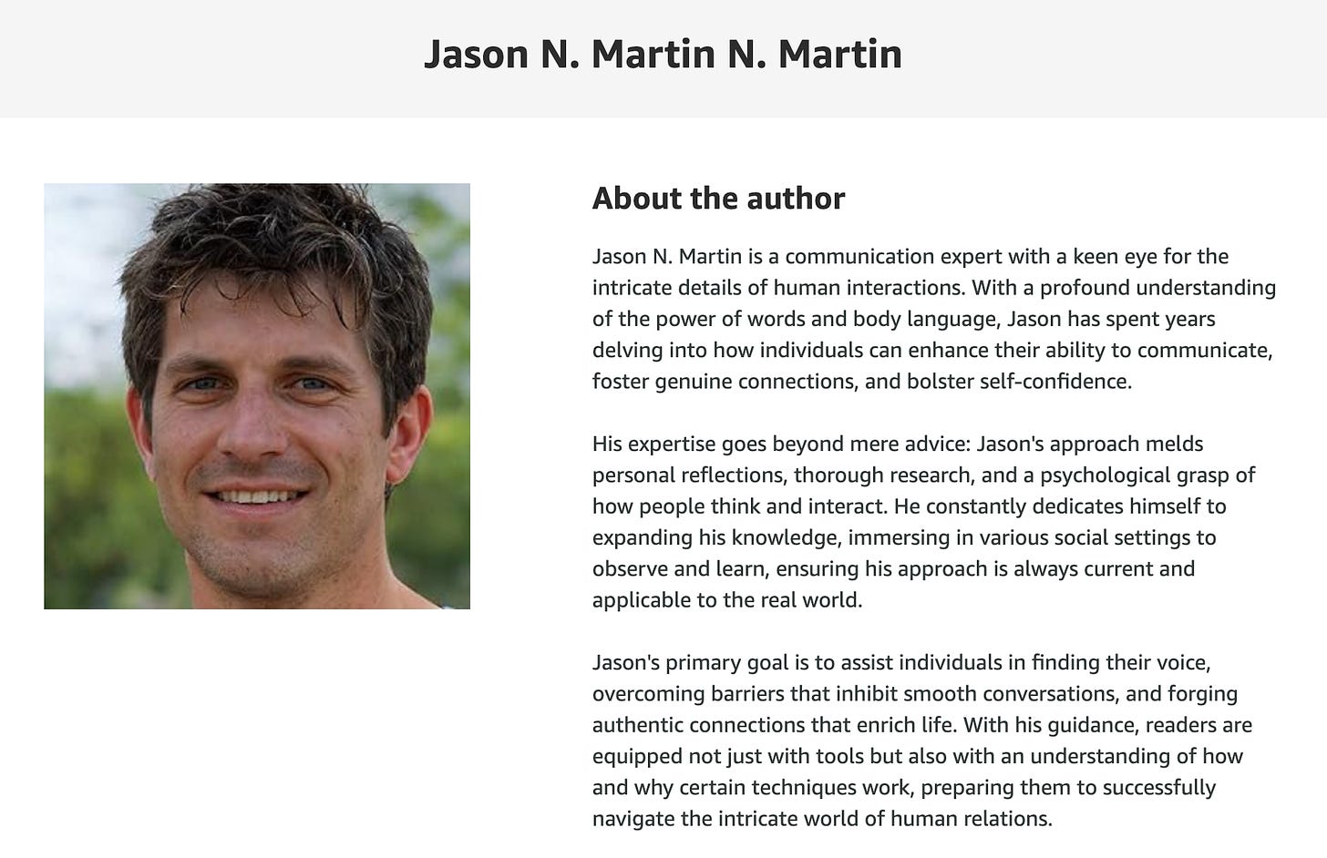 screenshot of the biography of Jason N. Martin N. Martin, an Amazon author with a GAN-generated face