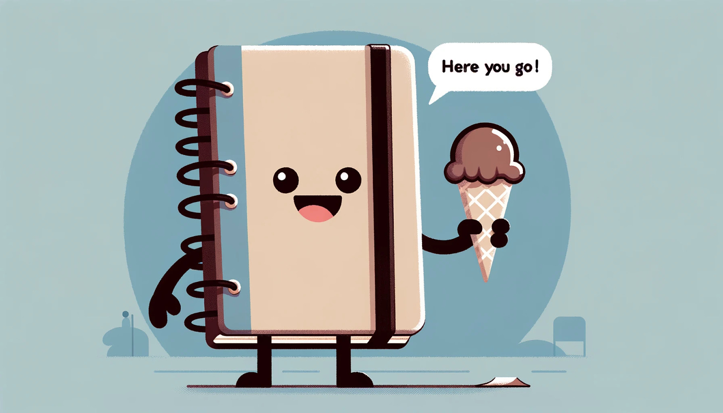 A flat, cartoon-style, wide image showcasing a simplistic yet expressive scene. In the center, a personified notebook character, designed with minimalistic lines and flat colors, extends an arm to offer a chocolate ice cream cone. The notebook has a large, friendly smile, and big, inviting eyes, giving it a charming personality. Its cover features a few bold, solid colors without intricate patterns, adhering to the flat design aesthetic. A clear speech bubble is visible, containing the friendly message, 'Here you go!' The background is simple, possibly just a hint of a park or an outdoor area, focusing the viewer's attention on the notebook character and the ice cream cone, emphasizing the flat, graphic style of the artwork.