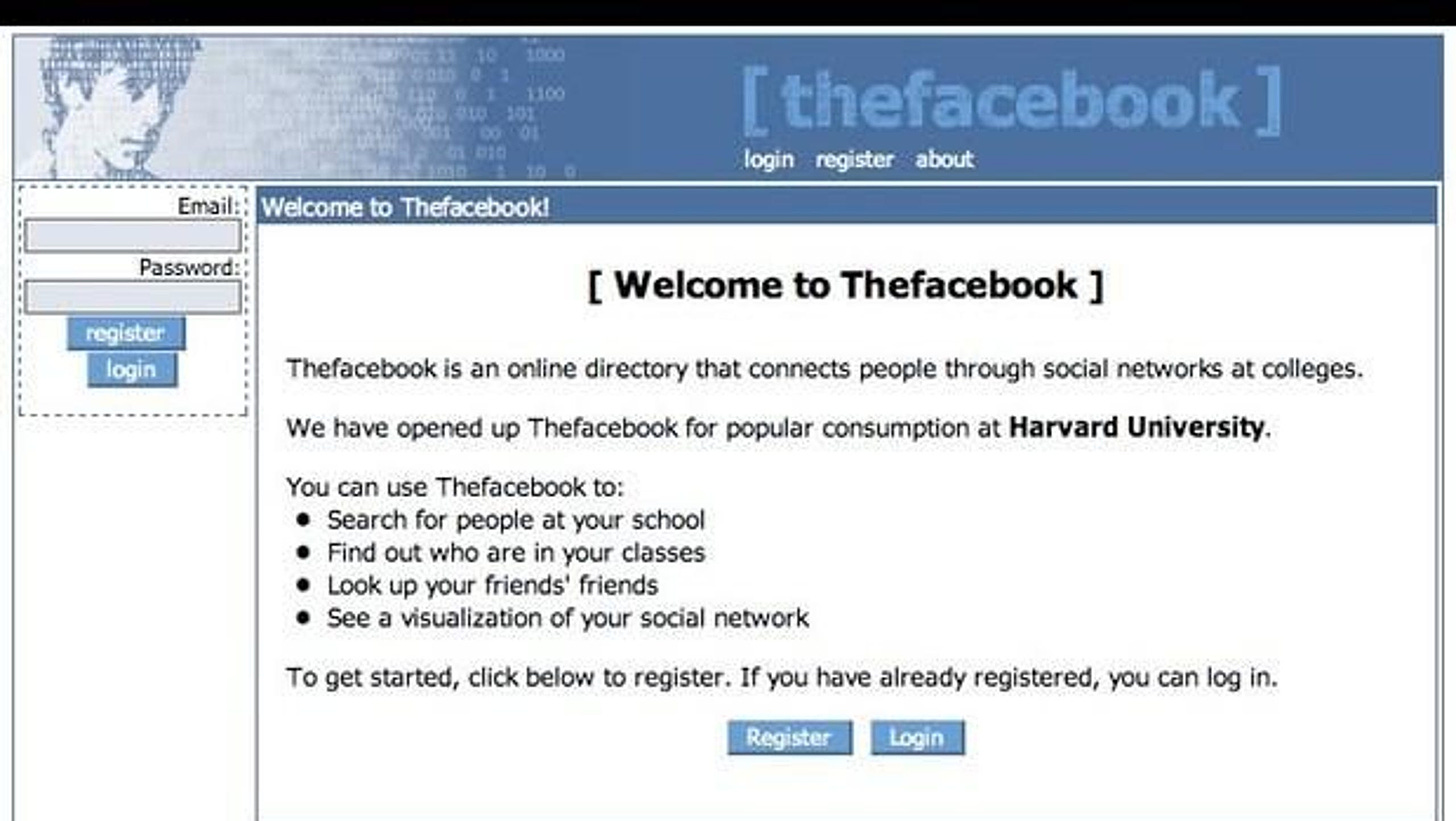 A screen of the original Facebook, then known as Thefacebook, started by Mark Zuckerberg in 2004.