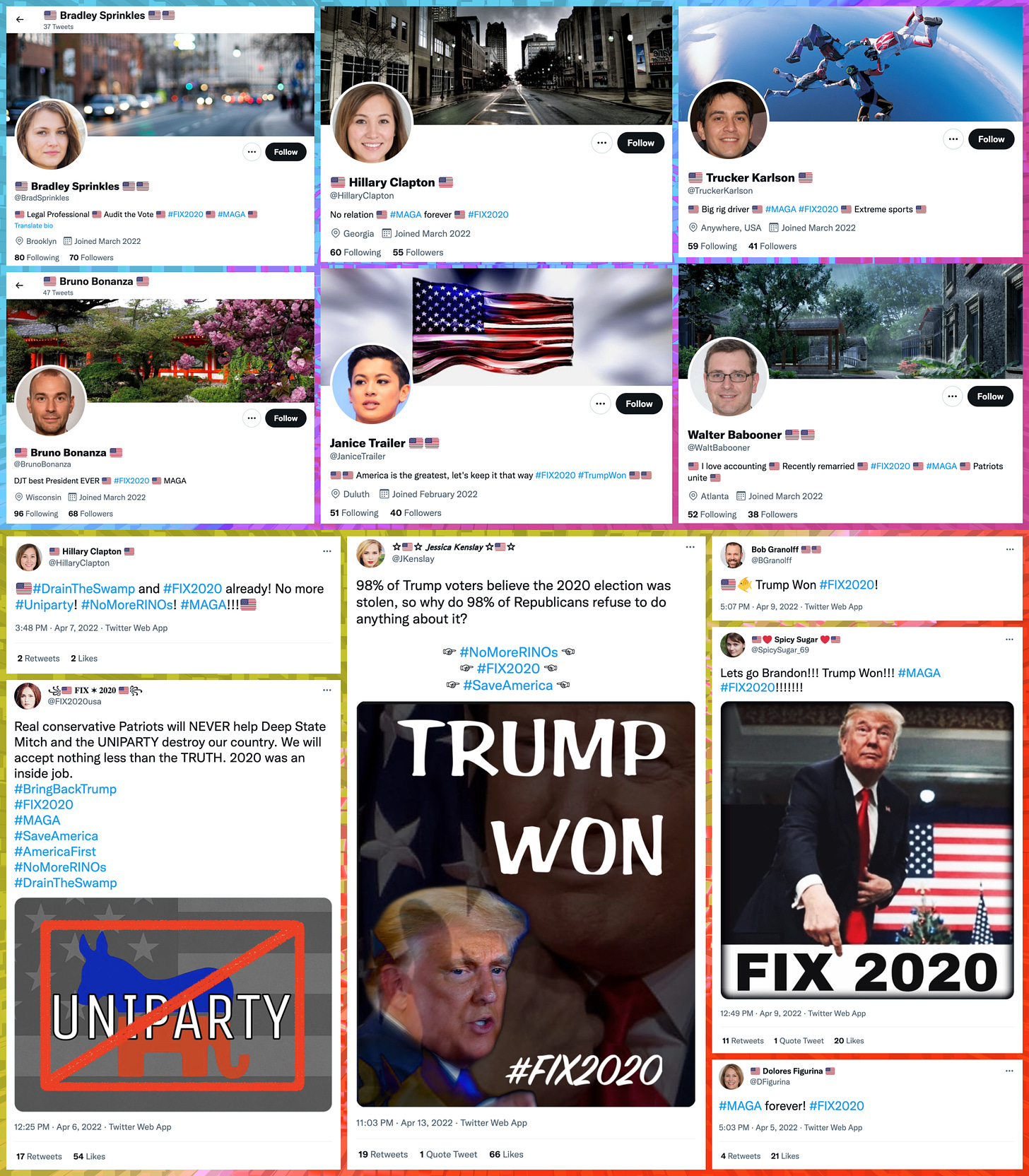 collage of six Twitter accounts, each with a GAN-generated face, a March 2022 create date, and a biography containing #FIX2020 and multiple US flag emoji, and some of their tweets falsely claiming that the 2020 election was "stolen" accompanied by the #FIX2020 hashtag