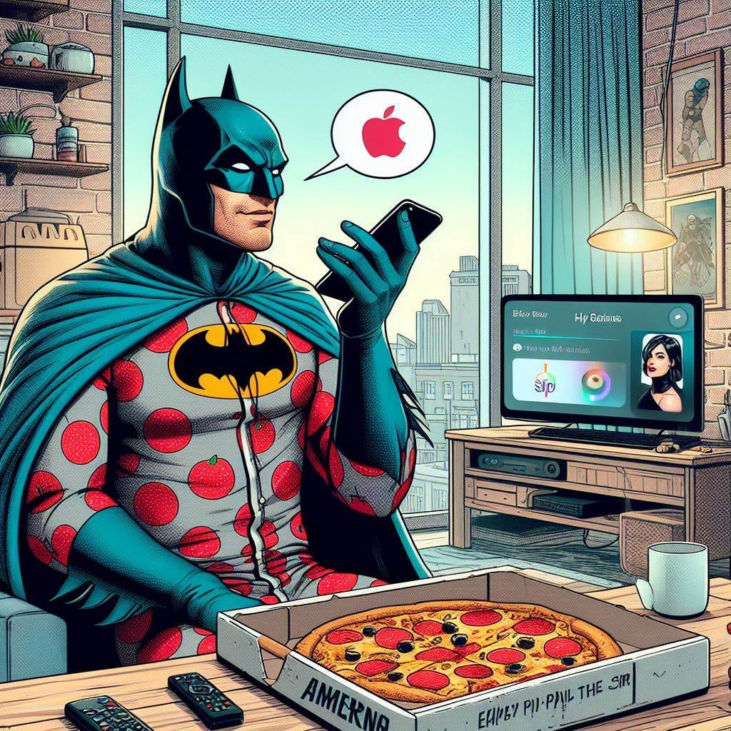 Batman wearing pijamas. He is looking to the Apple Siri and eating pizza and playing video games in a room.  He looks happy. High quality, hi-definition. america ncomic style drawing
