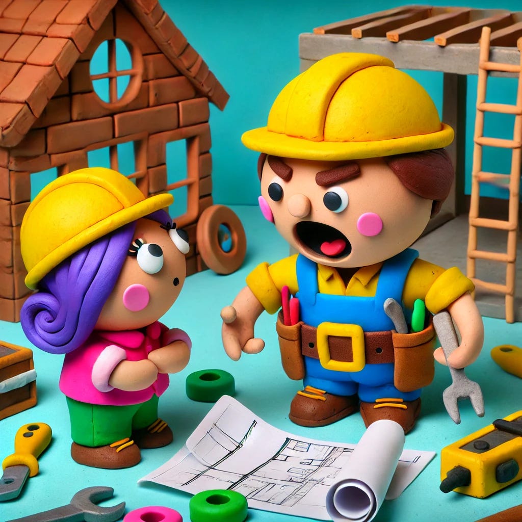 A claymation-style scene of a construction worker, inspired by Bob the Builder, getting frustrated with a female assistant on a construction site. The characters are made of colorful clay, with exaggerated features like big round heads and blocky hands. The worker wears a yellow hard hat, blue shirt, and a tool belt, his clay face scrunched up in anger. The assistant, in a pink shirt and green hard hat, looks apologetic, holding a rolled-up blueprint. The background includes a clay construction site with partially built structures, tools, and materials, all in a fun and tactile claymation style.