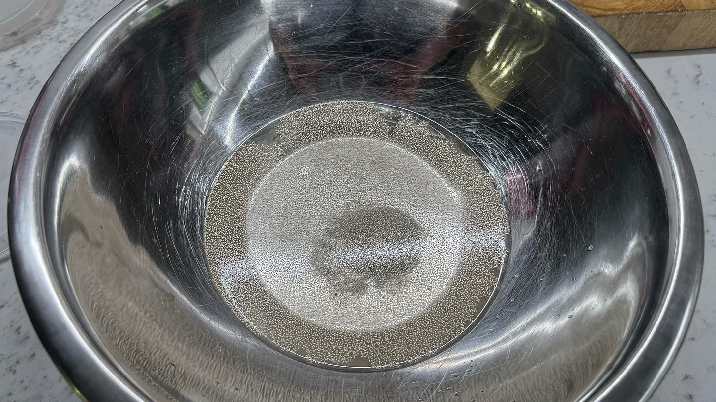 A bowl of water with undissolved yeast floating at the top