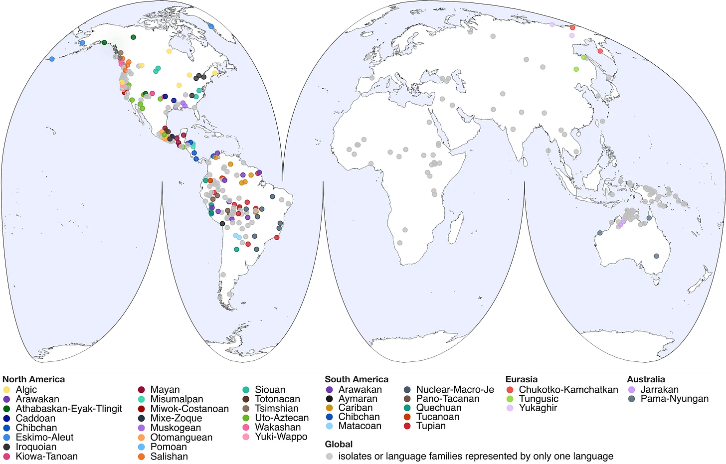 A world map showing the languages included in the ATLAs database.