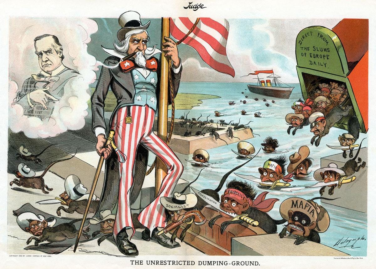 Old-timey anti-immigrant cartoon titled 'The Unrestricted dumping ground, featuring a bunch of rats with the heads of Italian people and other immigrants swimming up to shore wearing hats that say mafia, anarchist and socialist, being dumped from a big box that says 'The slums of europe daily'