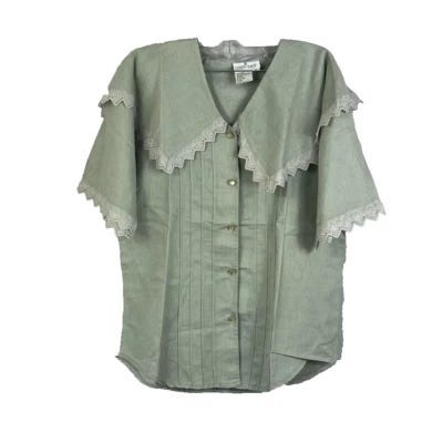 Carry Back Blouse Womens Size 8 Green Button Up Pleated V-neck Lace Trim Cottage - Picture 1 of 5