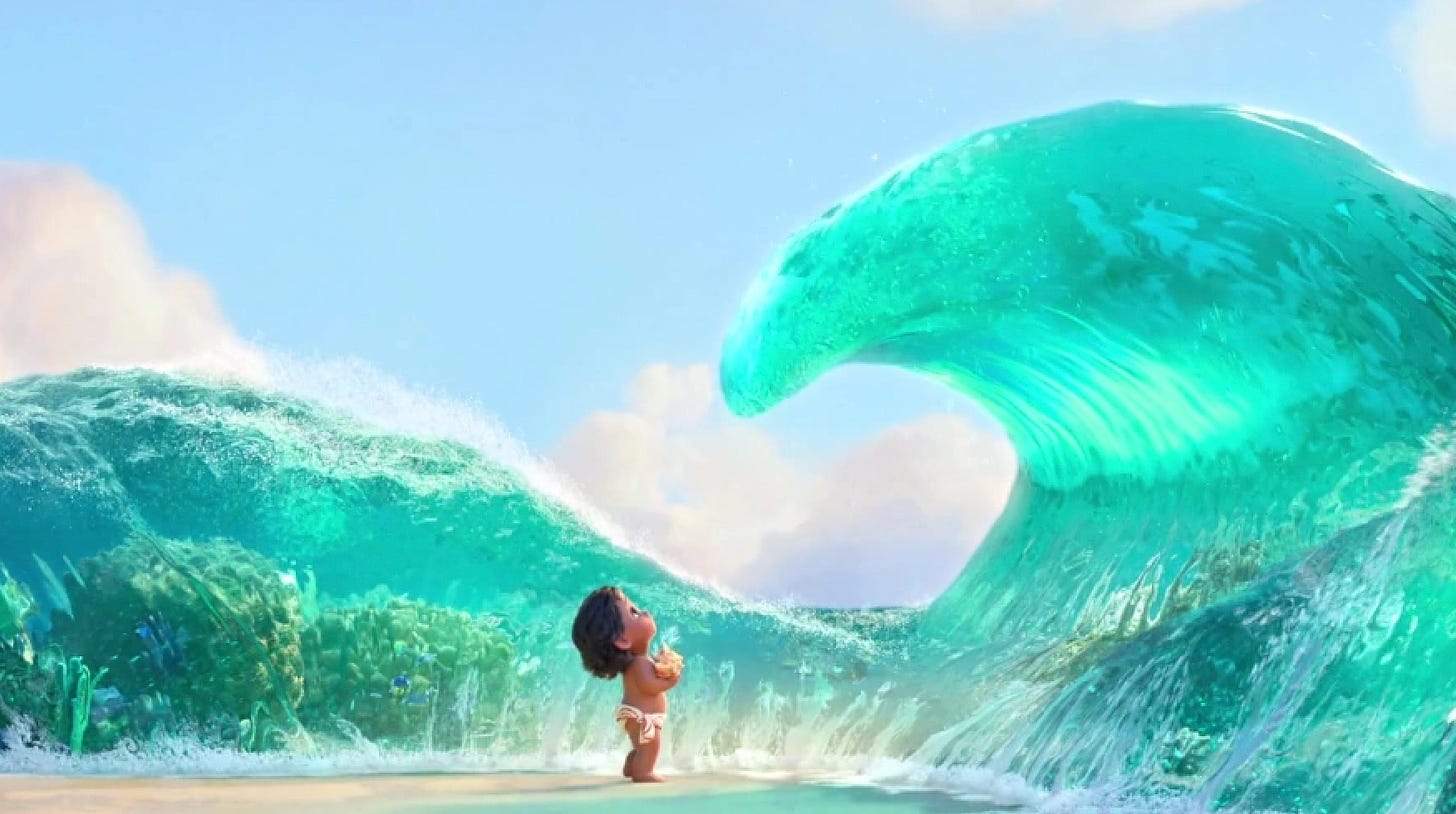 A large wave above baby Moana in Disney's Moana.