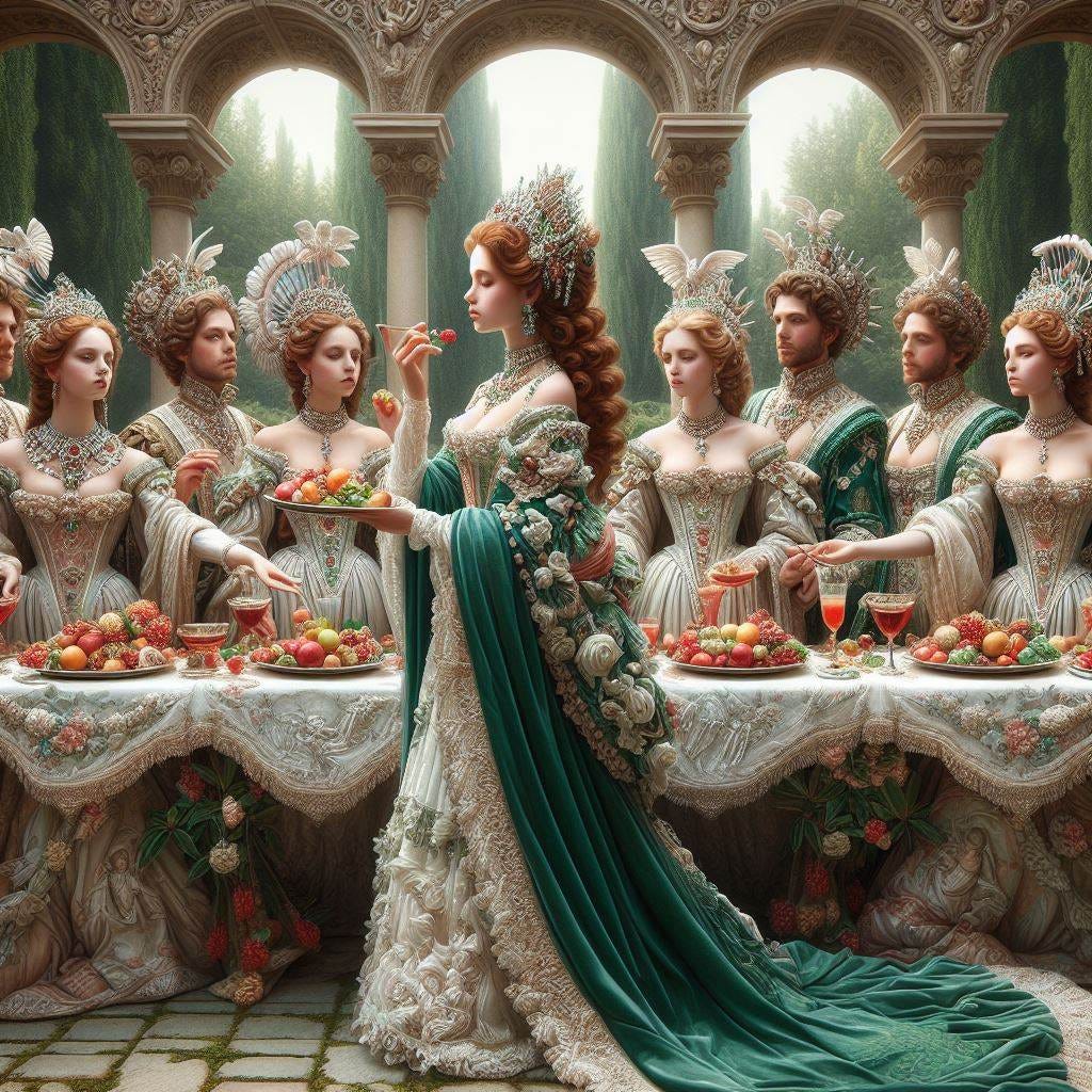 show me an outdoor Renaissance loggia in a garden with angelic girls dressed in pearls, emeralds, diamonds and rubies leading courtly gentlemen to a banquet with elixirs and marzipan fruits 
