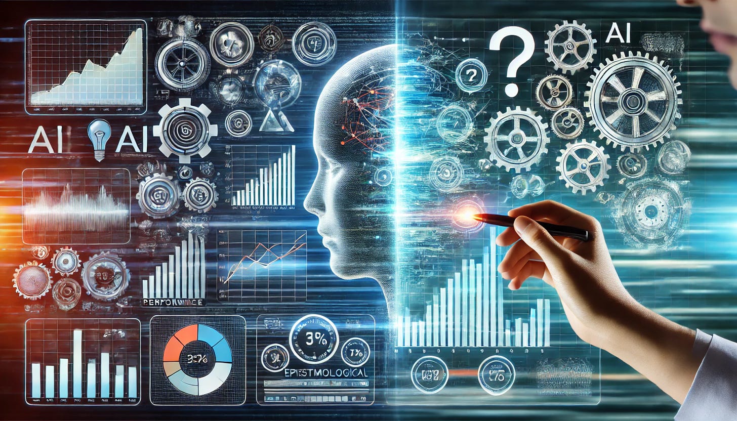 A futuristic AI system being observed by scientists, with one half of the image showcasing clear, objective metrics like graphs, speedometers, and data points floating in the air, representing measurable factors like speed, performance, and resource usage. The other half of the image features abstract symbols such as question marks, gears, and thought clouds, symbolizing epistemological and philosophical challenges. The background blends the digital and intellectual atmosphere, combining the tangible, measurable aspects with the abstract, unquantifiable complexities of AI benchmarking.