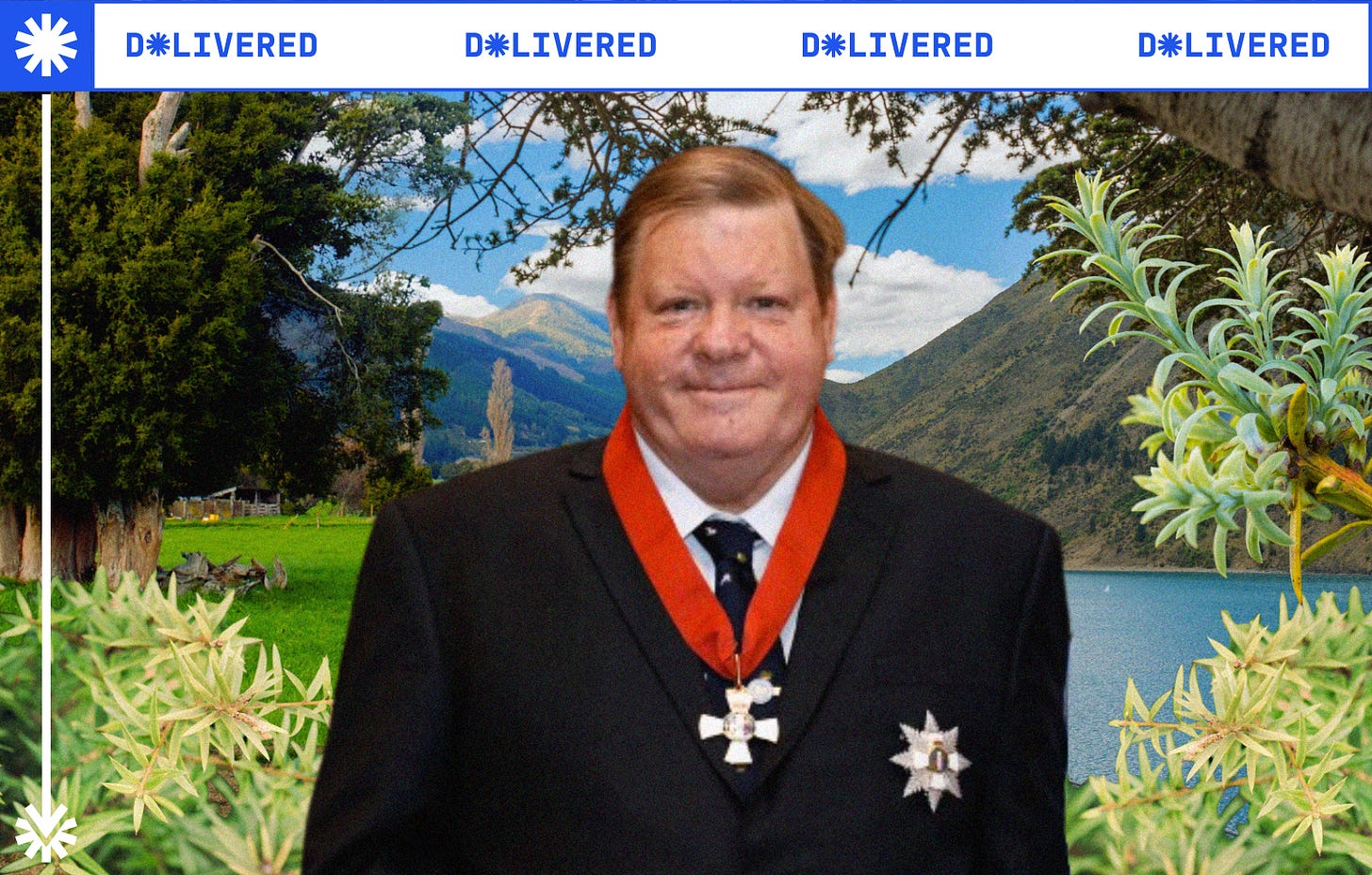 A photo of Sir Robert Martin pictured during his New Zealand Order of Merit ceremony, in front of a collage of totara trees.