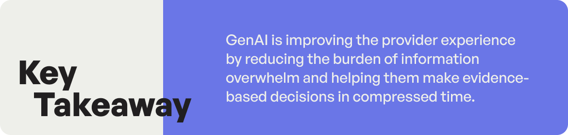 GenAI is improving the provider experience by reducing the burden of information overwhelm and helping them make evidence-based decisions in compressed time.