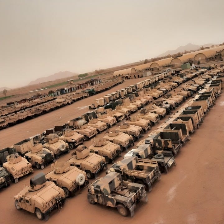 Aerial view of military vehicles left behind by U.S. forces in Afghanistan.