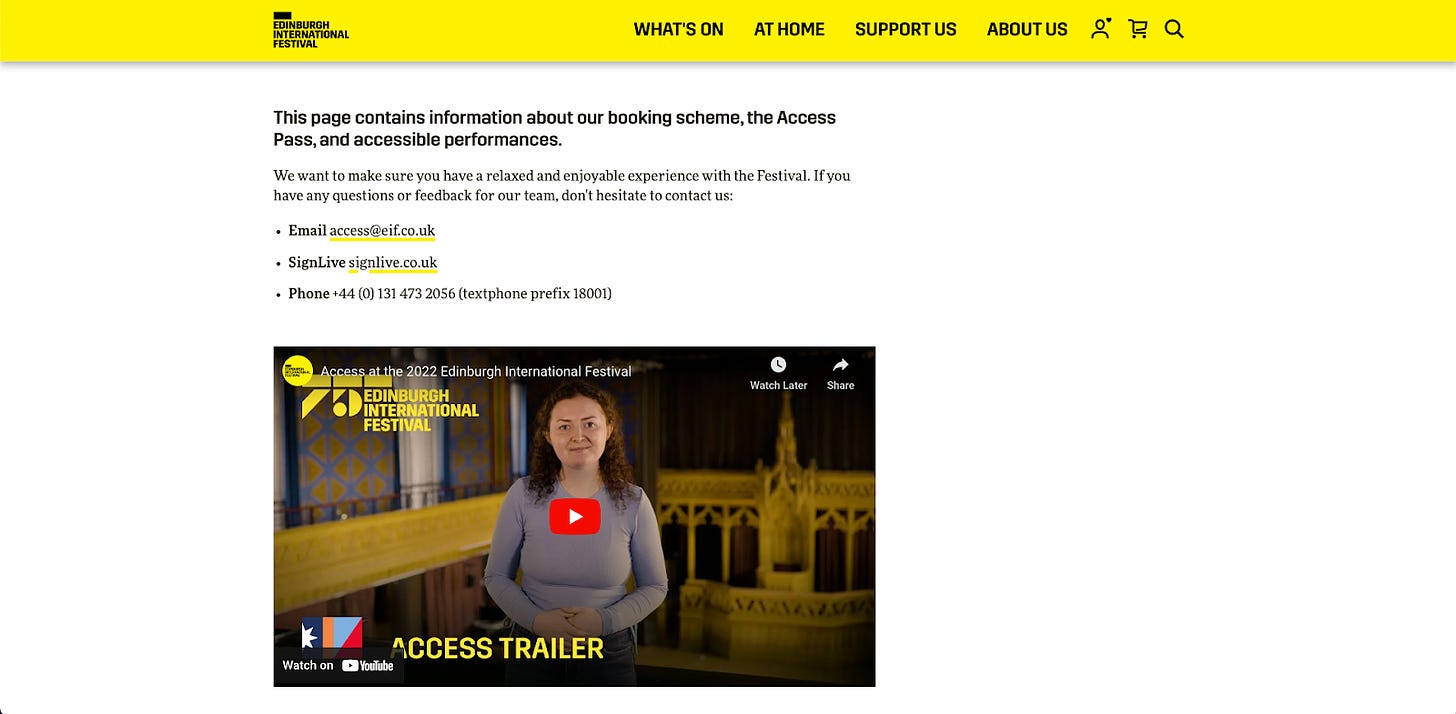 Screenshot of Edinburgh International Festival website's access page.