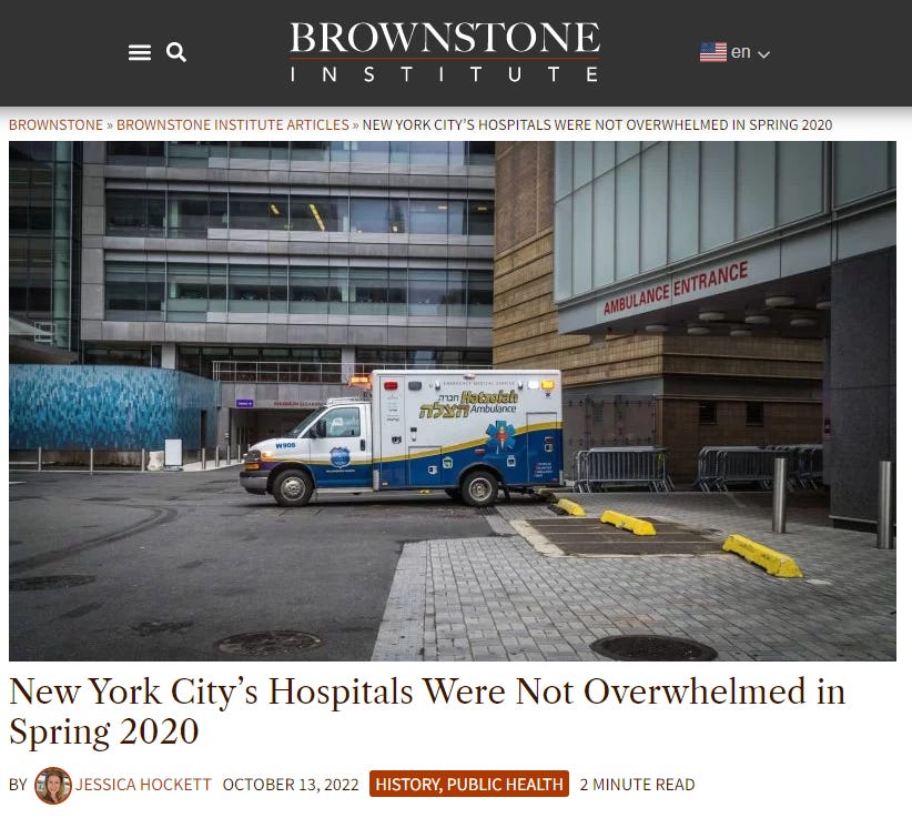a screencap from rightoid billionaire jeffrey tucker's brownstone institute, claiming there was no COVID crisis in NYC