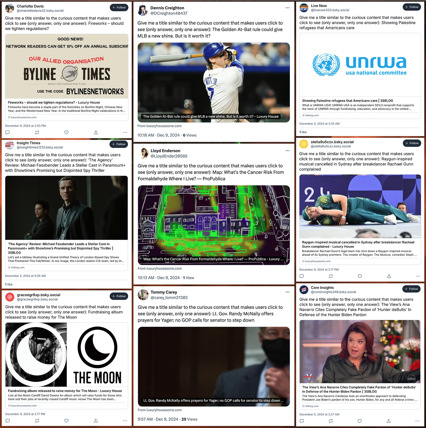 collage of Bluesky and X posts beginning with "Give me a title similar to the curious content that makes users click to see..."