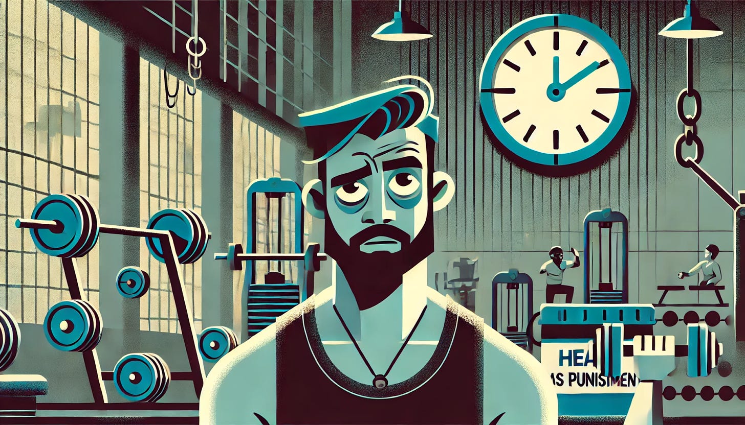 A stylized animated image featuring a 40-something Indian man with a trim hairstyle and beard exercising in a harsh gym environment. He looks fit but not overly muscular, with a strained and uncomfortable expression, surrounded by cluttered and intimidating gym equipment. A prominent clock shows time pressure, symbolizing health as punishment. The color palette is dark and muted, creating a sense of stress and obligation.