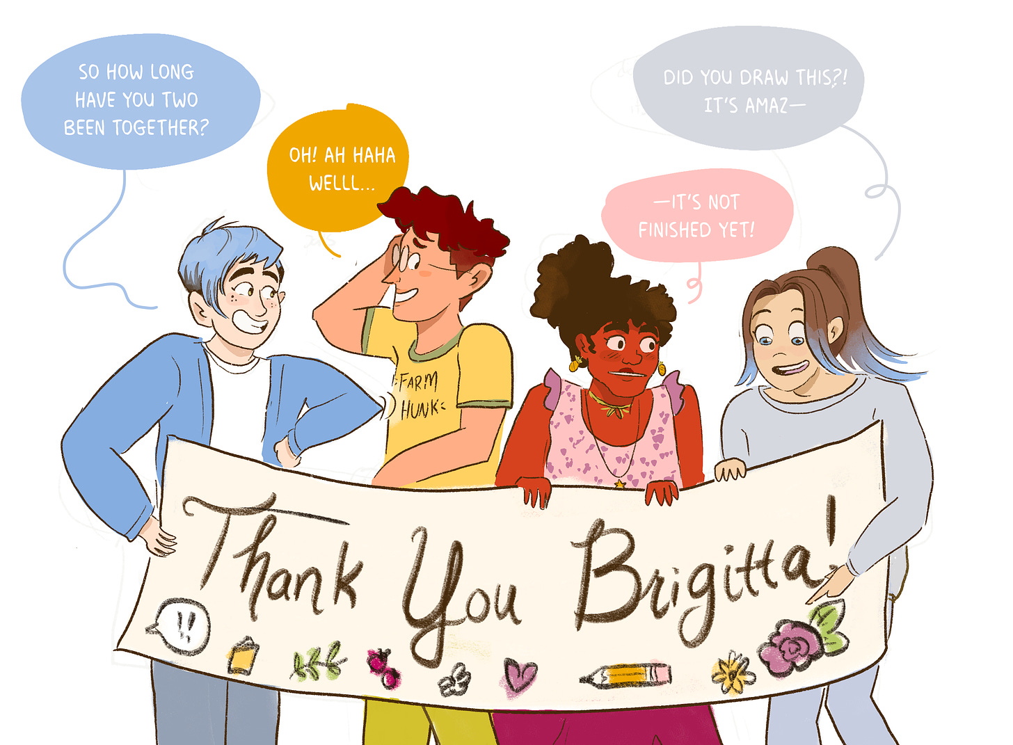 Group of characters Stephanie Gulranick made thanking "Brigitta".